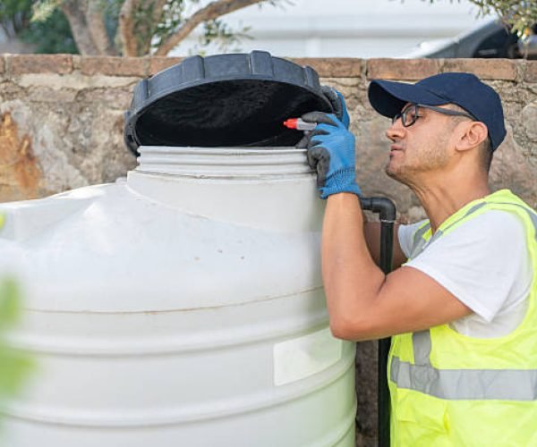Male Plumber Pouring Liquid Into Water Storage Tank